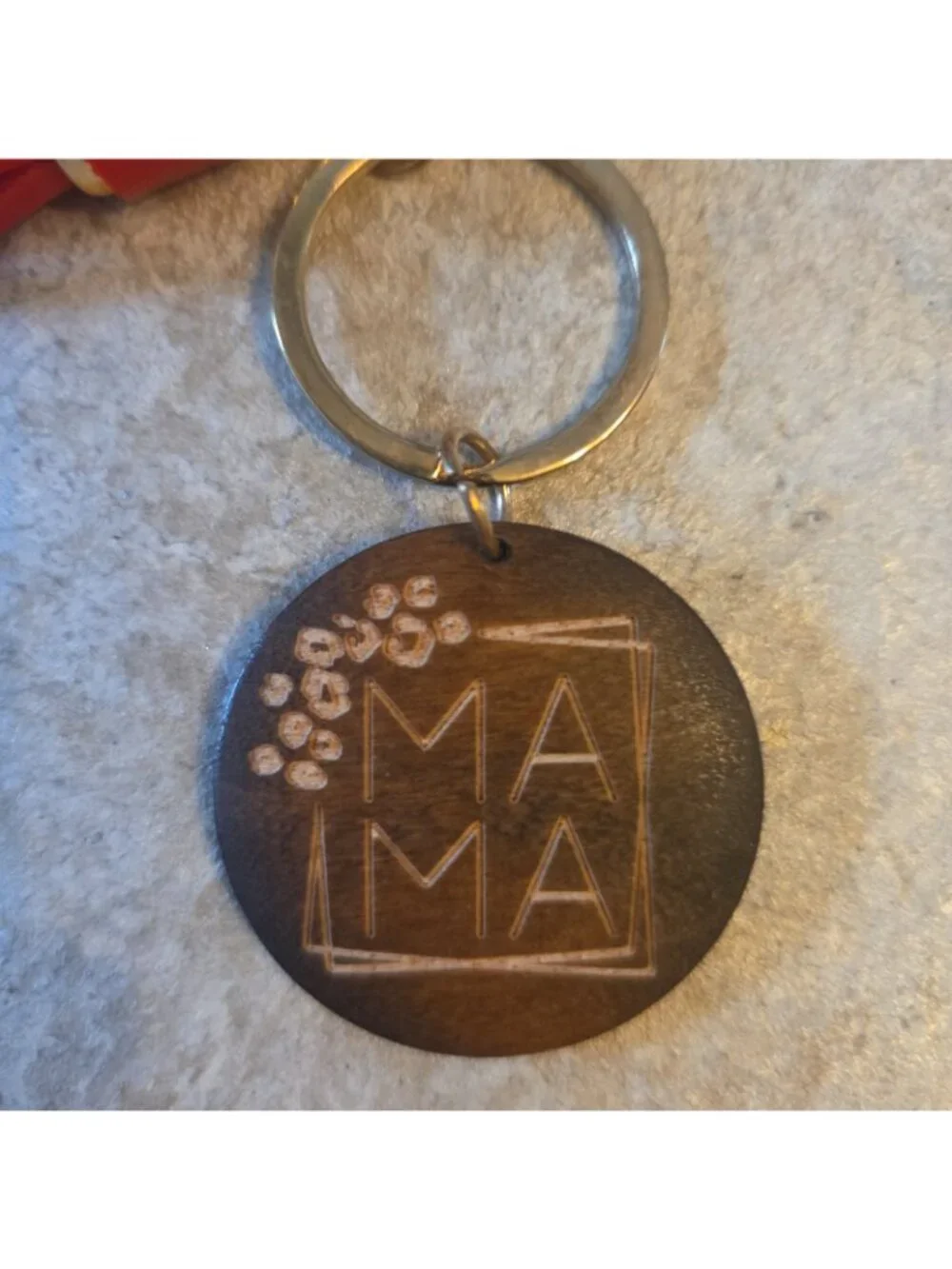 Red M&M Pendant Key Ring with Tassel and Wood MaMa Charm Gold Tone